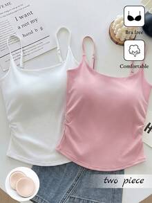 SHEIN Franclia Women's 2 Pieces Tank Top Set With Cups, Summer Tank Tops, Summer Tops, White Top, Yellow Top, White Tank Top, Yellow Tank Top, Women's Summer Clothing, Women's Commuter Wear, Student Wear, Inner Layer Tank Top, Elegant Women's Clothing, Y2K Clothing - Multicolor - View 2