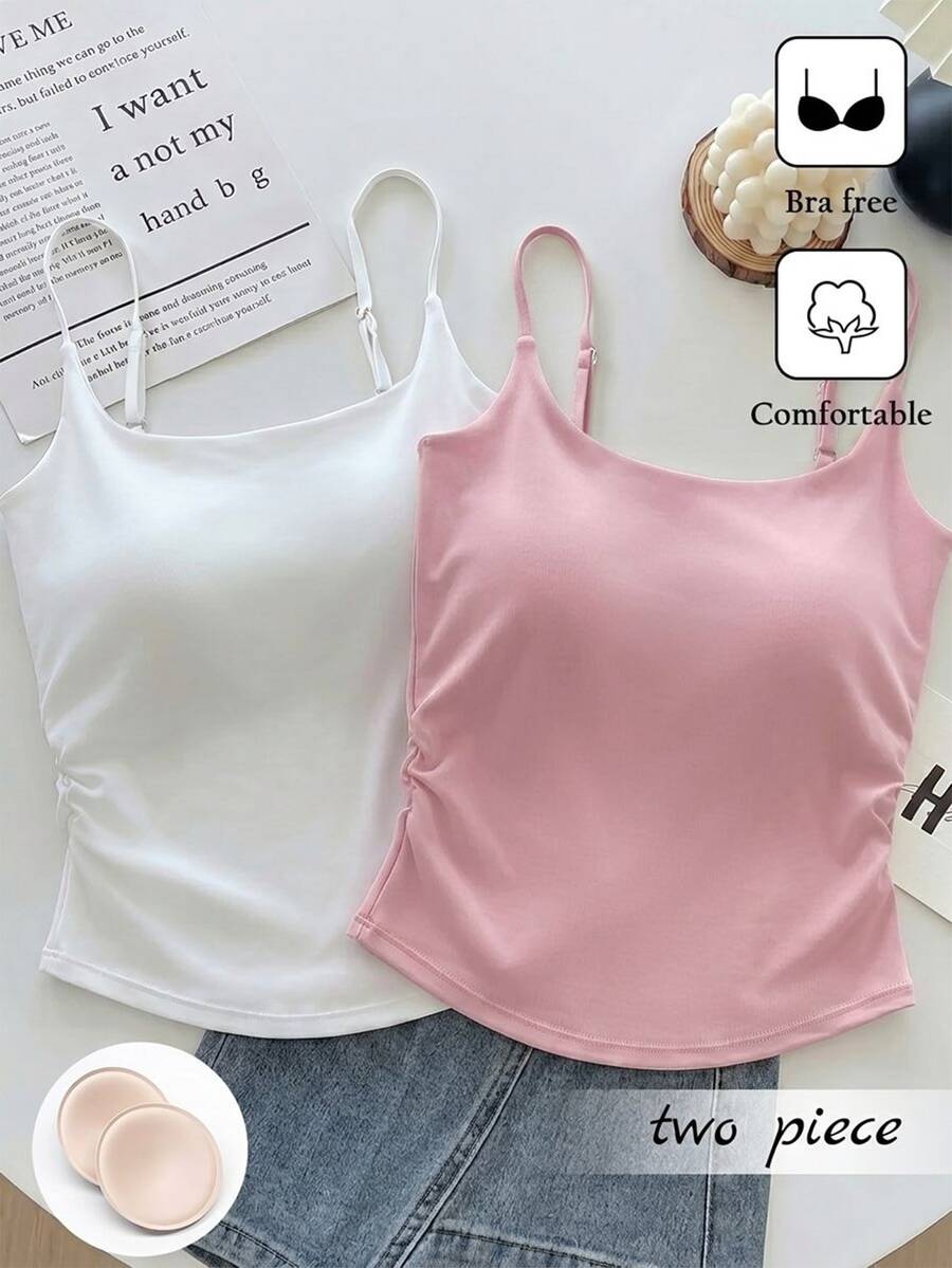 SHEIN Franclia Women's 2 Pieces Tank Top Set With Cups, Summer Tank Tops, Summer Tops, White Top, Yellow Top, White Tank Top, Yellow Tank Top, Women's Summer Clothing, Women's Commuter Wear, Student Wear, Inner Layer Tank Top, Elegant Women's Clothing, Y2K Clothing