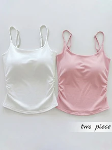SHEIN Franclia Women's 2 Pieces Tank Top Set With Cups, Summer Tank Tops, Summer Tops, White Top, Yellow Top, White Tank Top, Yellow Tank Top, Women's Summer Clothing, Women's Commuter Wear, Student Wear, Inner Layer Tank Top, Elegant Women's Clothing, Y2K Clothing - Multicolor - View 5