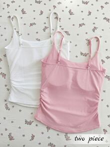 SHEIN Franclia Women's 2 Pieces Tank Top Set With Cups, Summer Tank Tops, Summer Tops, White Top, Yellow Top, White Tank Top, Yellow Tank Top, Women's Summer Clothing, Women's Commuter Wear, Student Wear, Inner Layer Tank Top, Elegant Women's Clothing, Y2K Clothing - Multicolor - View 3