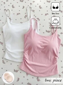 SHEIN Franclia Women's 2 Pieces Tank Top Set With Cups, Summer Tank Tops, Summer Tops, White Top, Yellow Top, White Tank Top, Yellow Tank Top, Women's Summer Clothing, Women's Commuter Wear, Student Wear, Inner Layer Tank Top, Elegant Women's Clothing, Y2K Clothing - Multicolor - View 4