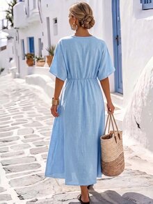 SHEIN LUNE CURVE 夏季新款休閒寬鬆收腰不對稱大尺碼洋裝，適合外出與日常通勤 - 彩色 - 查看 2