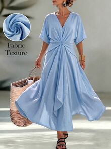 SHEIN LUNE CURVE 夏季新款休閒寬鬆收腰不對稱大尺碼洋裝，適合外出與日常通勤 - 彩色 - 查看 1