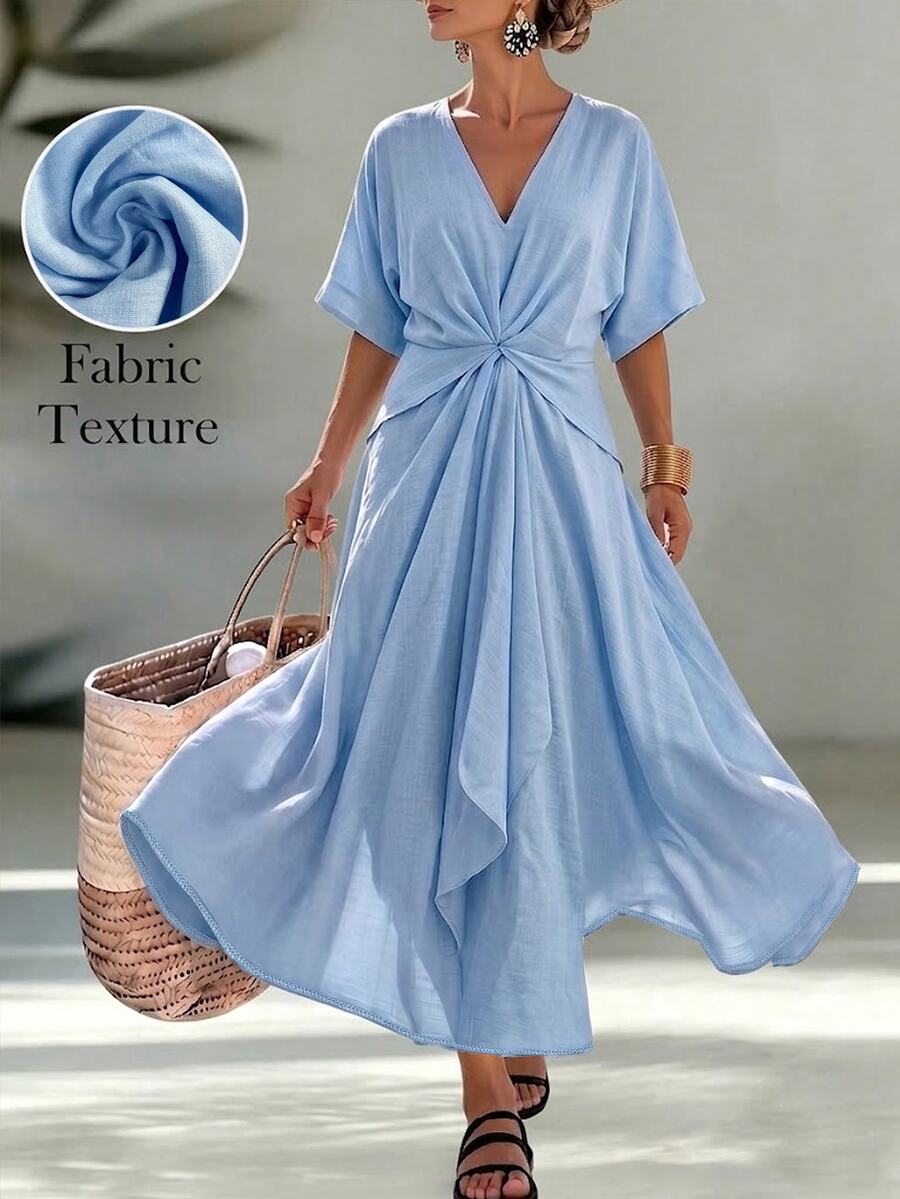 SHEIN LUNE CURVE 夏季新款休閒寬鬆收腰不對稱大尺碼洋裝,適合外出與日常通勤 - 彩色 - 查看 1