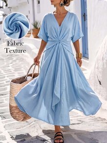 SHEIN LUNE CURVE 夏季新款休閒寬鬆收腰不對稱大尺碼洋裝，適合外出與日常通勤 - 彩色 - 查看 3