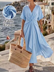 SHEIN LUNE CURVE 夏季新款休閒寬鬆收腰不對稱大尺碼洋裝，適合外出與日常通勤 - 彩色 - 查看 6