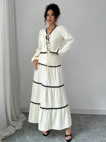 Rafferiza 2件套优雅法式灯笼袖荷叶边蝴蝶结连衣裙和半身裙 - 杏色 - 查看 7