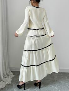 Rafferiza 2件套优雅法式灯笼袖荷叶边蝴蝶结连衣裙和半身裙 - 杏色 - 查看 2