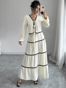 Rafferiza 2件套优雅法式灯笼袖荷叶边蝴蝶结连衣裙和半身裙 - 杏色 - 查看 3