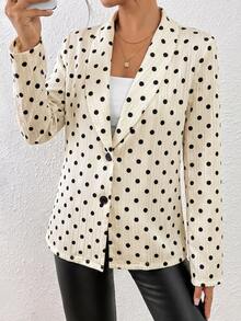 SHEIN LUNE Women's Apricot Polka Dot Textured Blazer Jacket, Mature Style Lapel Single-Breasted Cardigan Top - Apricot - View 6