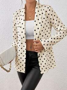 SHEIN LUNE Women's Apricot Polka Dot Textured Blazer Jacket, Mature Style Lapel Single-Breasted Cardigan Top - Apricot - View 5