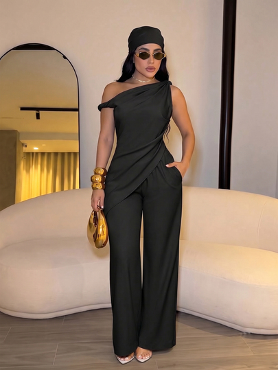 SOLERSUN Women's 2 Pieces Outfits One Shoulder Asymmetrical Draped Top And High Waisted Wide Leg Pants Matching Set,Quiet Luxury One Shoulder Co-Ords Set Chic Asymmetrical Ruched Top & Wide Leg Trousers Old Money Style 2 Pieces Set