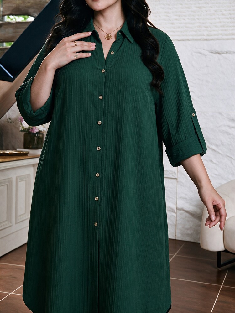 Lacomfia Plus Size Women Shirt Collar Maxi Dress Long Sleeve Textured Button Front Modest Fall Casual Abaya Style Loose Muslim Daily Long Dress - Green - View 6