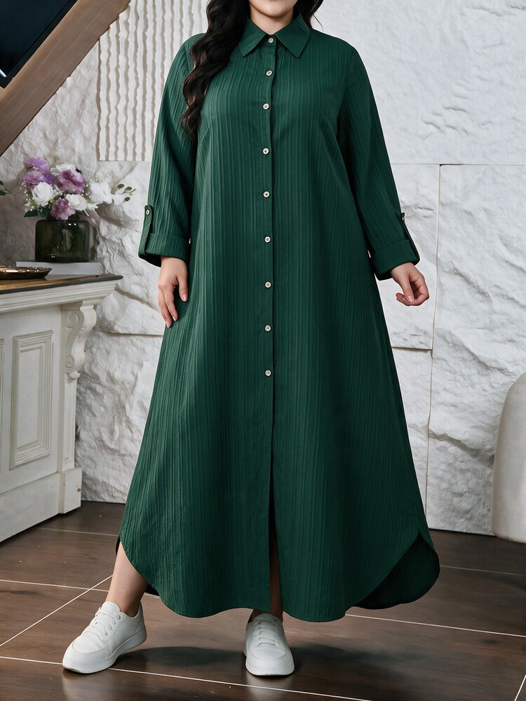 Lacomfia Plus Size Women Shirt Collar Maxi Dress Long Sleeve Textured Button Front Modest Fall Casual Abaya Style Loose Muslim Daily Long Dress - Green - View 7