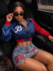SHEIN BamGlam Fall Women's Splicing Sports Casual Letter Printed Gym 80s Red Jacket Halloween Club Clothes - Royal Blue - View 5