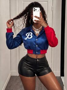 SHEIN BamGlam Fall Women's Splicing Sports Casual Letter Printed Gym 80s Red Jacket Halloween Club Clothes - Royal Blue - View 9