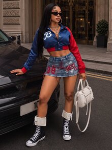 SHEIN BamGlam Fall Women's Splicing Sports Casual Letter Printed Gym 80s Red Jacket Halloween Club Clothes - Royal Blue - View 6