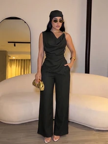 SOLERSUN 女款優雅無袖垂領不對稱下擺上衣高腰寬腿褲兩件套，晚餐黑色夏季 - 黑色 - 查看 1