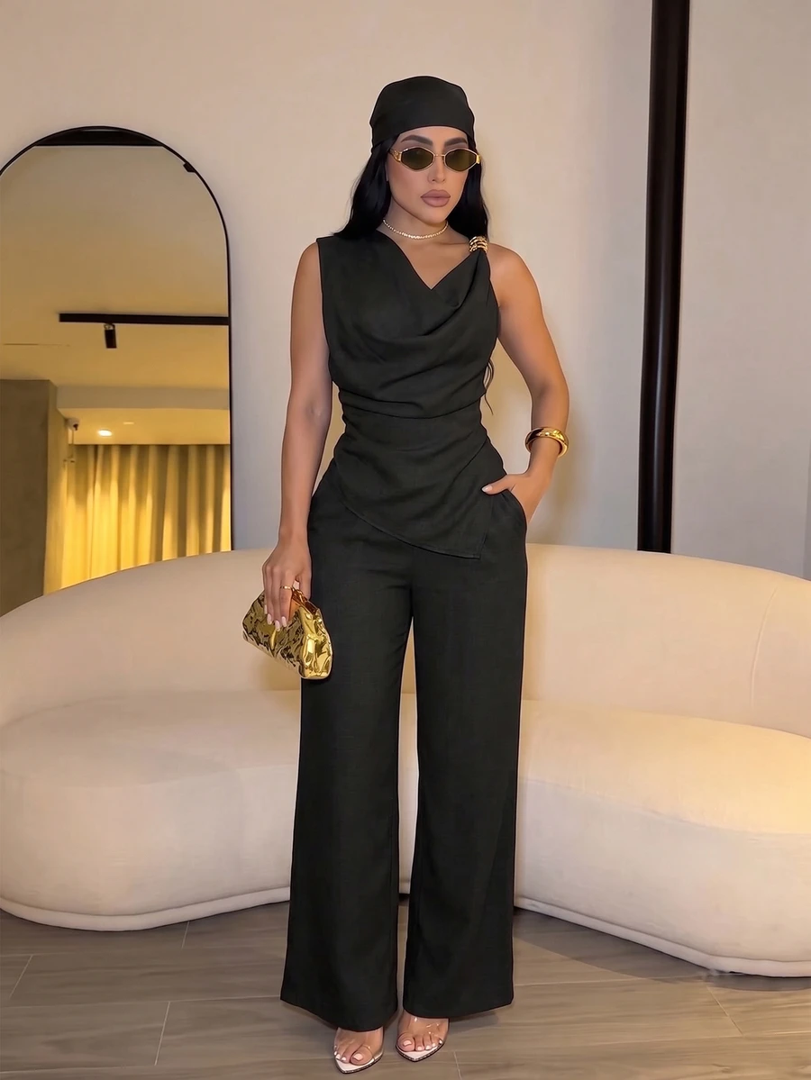 SOLERSUN 女款優雅無袖垂領不對稱下擺上衣高腰寬腿褲兩件套,晚餐黑色夏季 - 黑色 - 查看 1