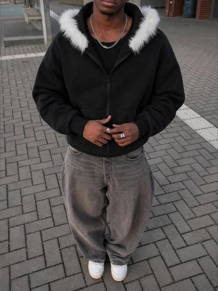 Mainfolk 男士休閒寬鬆長袖拉鍊運動衫，春秋款，色，標準尺寸 - 黑色 - 查看 1