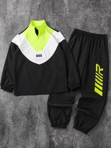 SHEIN 兒童青少年男孩休閒運動拼接撞色立領連帽半拉鍊寬鬆夾克外套與長褲兩件套，適合通勤、上學、日常休閒、外出、運動，秋冬款 - 黑色 - 查看 3
