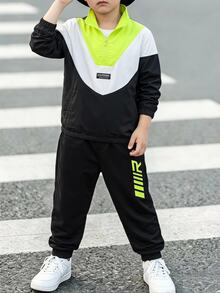 SHEIN 兒童青少年男孩休閒運動拼接撞色立領連帽半拉鍊寬鬆夾克外套與長褲兩件套，適合通勤、上學、日常休閒、外出、運動，秋冬款 - 黑色 - 查看 6