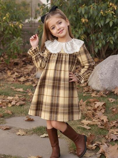 SHEIN Vintaside Kids Young Girl Dress Long Sleeve Vintage Fashion Loose Fit Versatile Outdoor Grey Print Dress Pants Dress Shirt