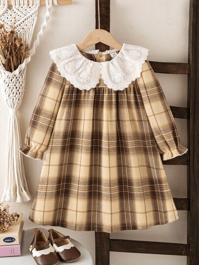SHEIN Vintaside Kids Young Girl Dress Long Sleeve Vintage Fashion Loose Fit Versatile Outdoor Grey Print Dress Pants Dress Shirt