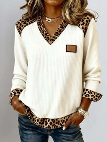 Breezaya Women's Casual Leopard Print Patchwork Sweatshirt, Spring/Autumn - Multicolor - View 3