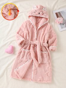 SHEIN 女童可愛兔子表情刺繡粉色蝴蝶結提花花卉素色柔軟抓絨舒適秋冬休閒睡袍浴袍家居服睡衣 - 彩色 - 查看 5