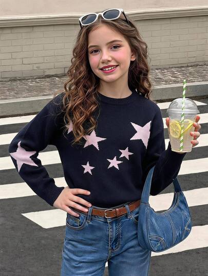 Tween Girl Autumn/Winter Fashion Navy Blue Star Pattern Jacquard Knit Sweater Long Sleeve Top, For Daily Wear, Outings, Travel, Vacation, Home, Parenting And More, Suitable For Autumn/Winter, Christmas, Back To School, Parties And Other Occasions, Versatile For Spring/Autumn/Winter, Ideal Outfit For Holiday Girls