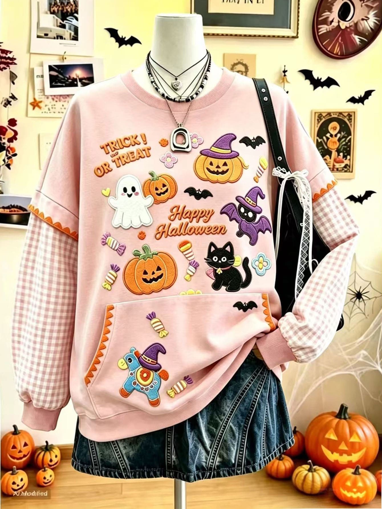 Resyla Women's Letter & Pumpkin Print Crew Neck 2 In 1 Casual Sweatshirt - Multicolor - View 1
