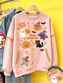 Resyla Women's Letter & Pumpkin Print Crew Neck 2 In 1 Casual Sweatshirt - Multicolor - View 3