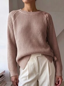 Breezaya Áo len dệt kim oversized phong cách thường ngày, buộc dây bên hông - Hồng - Xem 5