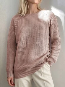 Breezaya Áo len dệt kim oversized phong cách thường ngày, buộc dây bên hông - Hồng - Xem 3