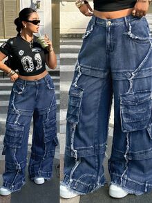 StreetHx Plus Size Casual Washed Cargo Denim Jeans - Blue - View 1