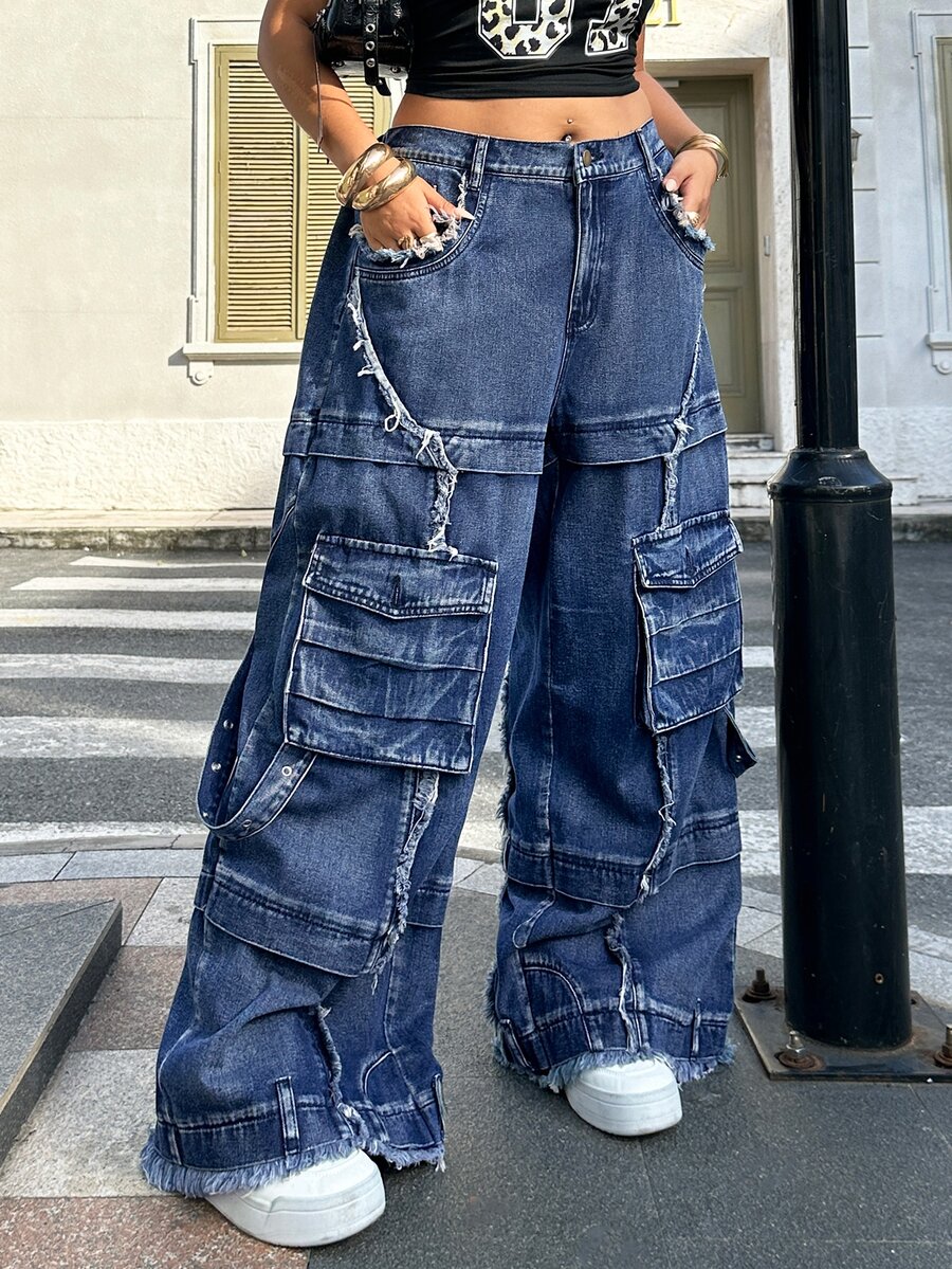 StreetHx Plus Size Casual Washed Cargo Denim Jeans - Blue - View 1