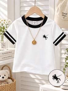 SHEIN Playful Pals 6M-3T 嬰兒女童黑白條紋對比色短袖圓領馬印花休閒上衣 夏季開學女童上衣 - 白色 - 查看 7