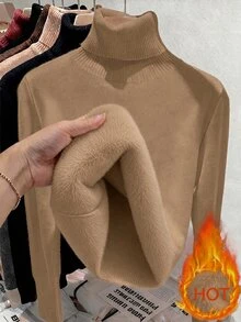 Franclia European & American Autumn/Winter Fashion All-Match Versatile High Neck Thickened One-Piece Fleece Slim Fit Long Sleeve Inner Layer Base Knit Sweater - Khaki - View 1