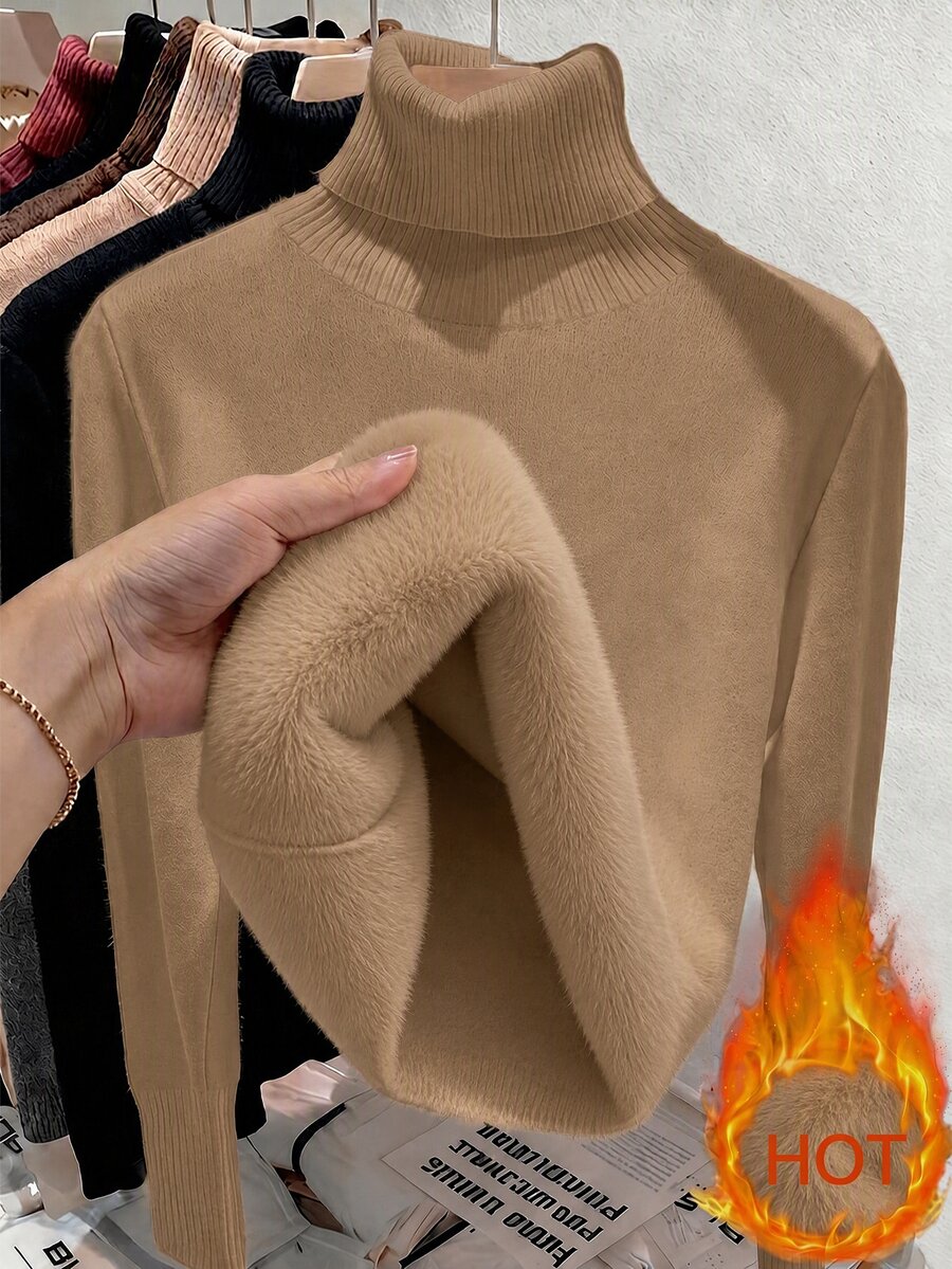 Franclia European & American Autumn/Winter Fashion All-Match Versatile High Neck Thickened One-Piece Fleece Slim Fit Long Sleeve Inner Layer Base Knit Sweater - Khaki - View 1