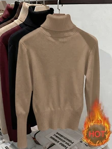 Franclia European & American Autumn/Winter Fashion All-Match Versatile High Neck Thickened One-Piece Fleece Slim Fit Long Sleeve Inner Layer Base Knit Sweater - Khaki - View 2