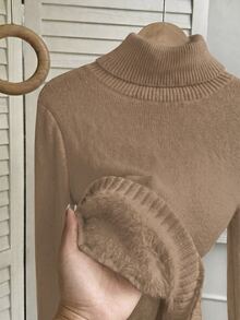 Franclia European & American Autumn/Winter Fashion All-Match Versatile High Neck Thickened One-Piece Fleece Slim Fit Long Sleeve Inner Layer Base Knit Sweater - Khaki - View 8