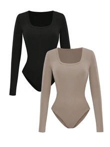 Selamara 2pcs Women Square Neck Long Sleeve Ribbed Casual T-Shirt And Bodysuit Set - Multicolor - View 6