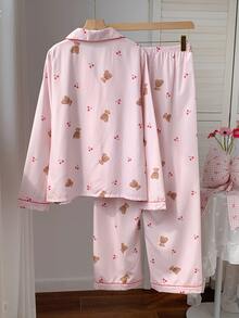 Comfortcana Pink Cute Bear & Cherry Print Long Sleeve PJS For Women Pink PJS Teddy Bear PJS Comfy PJS Cute Pajamas For Woman, Winter Clothes - Pink - View 2