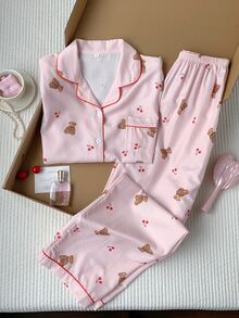 Comfortcana Pink Cute Bear & Cherry Print Long Sleeve PJS For Women Pink PJS Teddy Bear PJS Comfy PJS Cute Pajamas For Woman, Winter Clothes - Pink - View 3