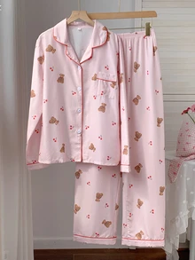 Comfortcana Pink Cute Bear & Cherry Print Long Sleeve PJS For Women Pink PJS Teddy Bear PJS Comfy PJS Cute Pajamas For Woman, Winter Clothes - Pink - View 8