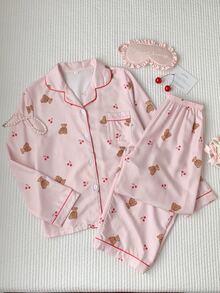 Comfortcana Pink Cute Bear & Cherry Print Long Sleeve PJS For Women Pink PJS Teddy Bear PJS Comfy PJS Cute Pajamas For Woman, Winter Clothes - Pink - View 7