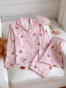 Comfortcana Pink Cute Bear & Cherry Print Long Sleeve PJS For Women Pink PJS Teddy Bear PJS Comfy PJS Cute Pajamas For Woman, Winter Clothes - Pink - View 5