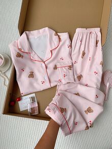 Comfortcana Pink Cute Bear & Cherry Print Long Sleeve PJS For Women Pink PJS Teddy Bear PJS Comfy PJS Cute Pajamas For Woman, Winter Clothes - Pink - View 1