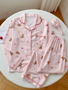 Comfortcana Pink Cute Bear & Cherry Print Long Sleeve PJS For Women Pink PJS Teddy Bear PJS Comfy PJS Cute Pajamas For Woman, Winter Clothes - Pink - View 4